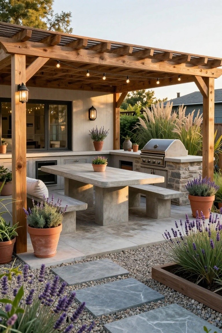 Wooden pergola with string lights shades an outdoor kitchen featuring a stainless steel grill on concrete counters, a concrete dining table with benches, potted plants, lavender borders, and gravel paths on a patio.