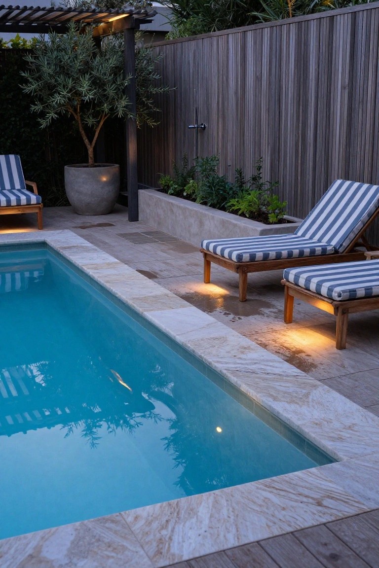 Backyard infinity-style pool with light beige stone edging, two wooden lounge chairs with blue and white striped cushions positioned nearby on wet pavers, potted olive tree, wooden fence backdrop, outdoor shower fixture, and soft edge lighting.