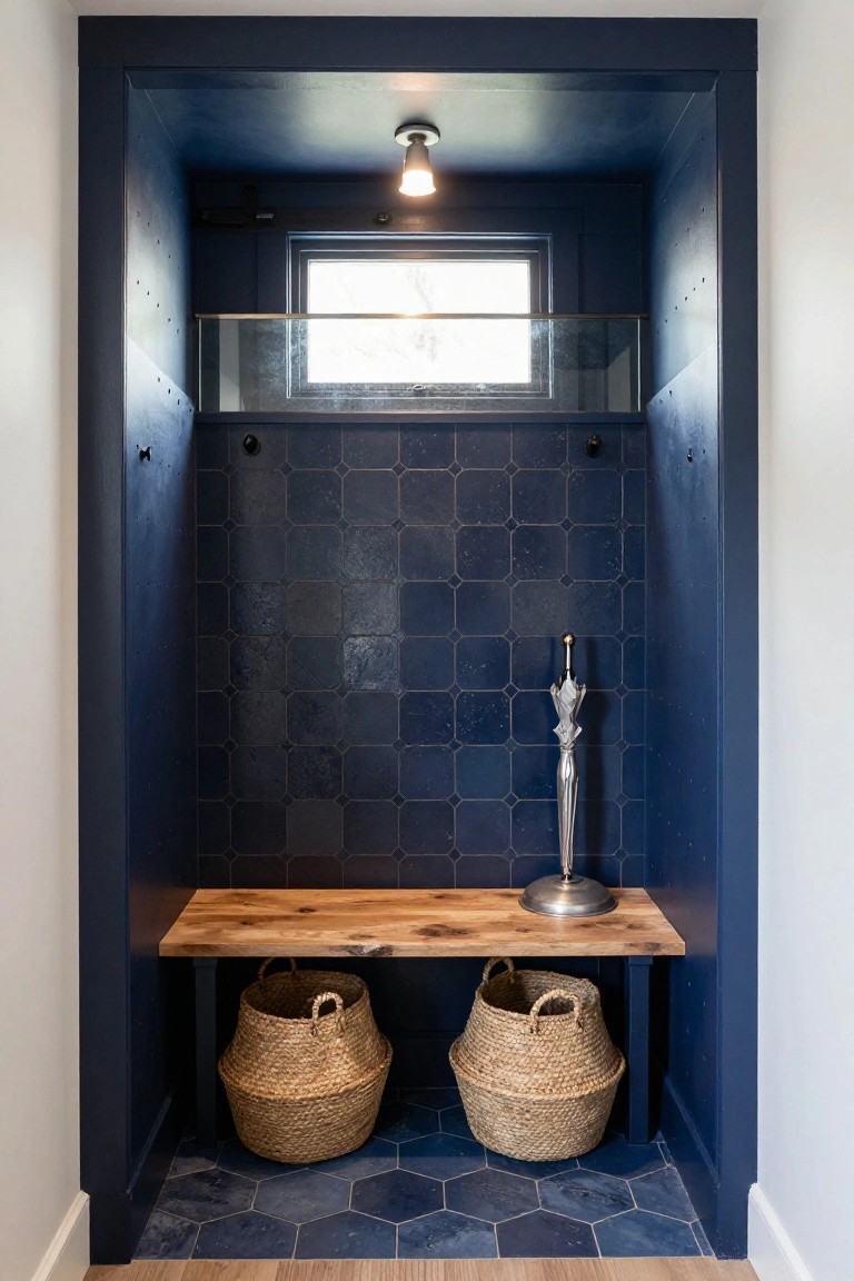 Narrow interior alcove with navy blue square tiles on walls, hexagonal tiles on floor, wooden bench with live-edge top, two seagrass baskets underneath, and silver umbrella stand next to the bench.