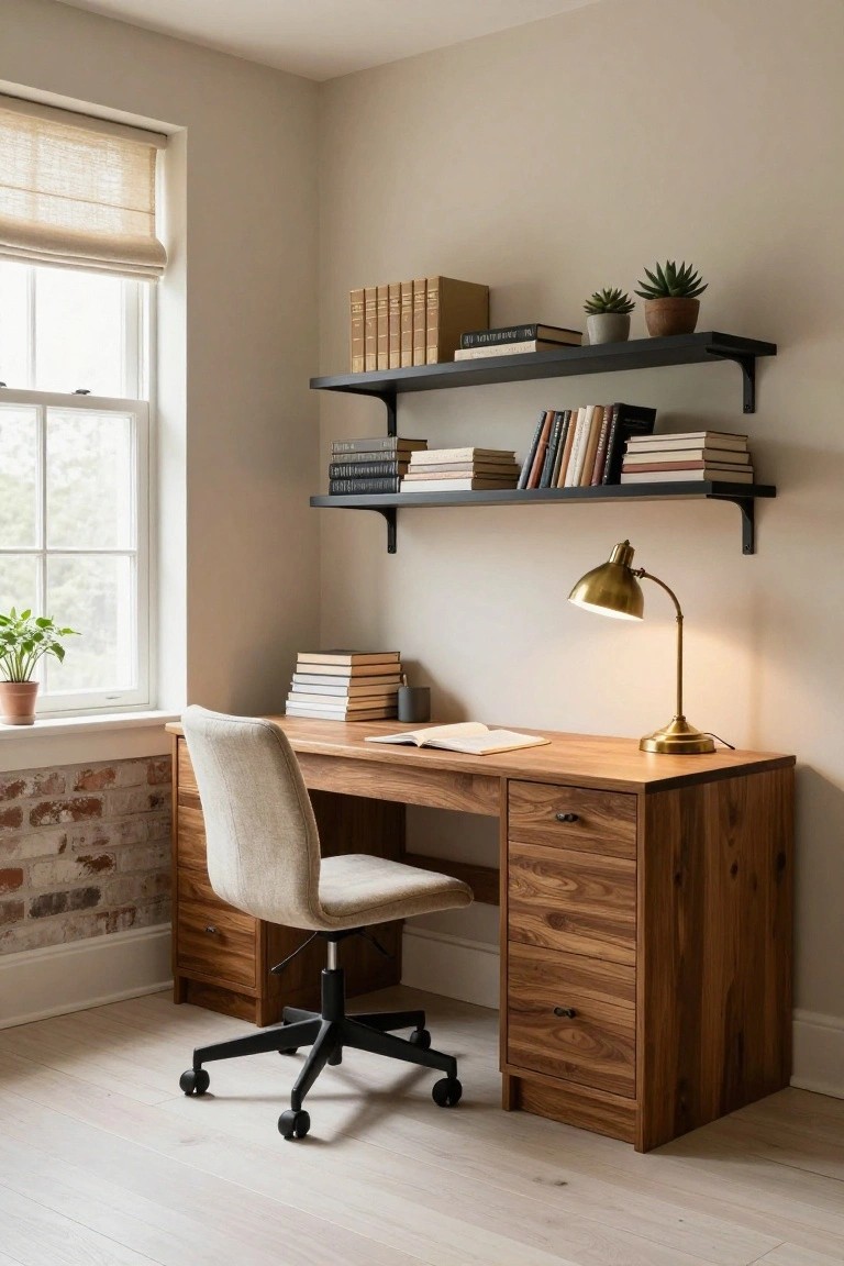 Home office corner with wooden desk, cream chair on wheels, black floating shelves holding books and plants, brass desk lamp, open books on desk, linen window shade, potted plant by window, beige walls, and exposed brick base in a light wood floor room.