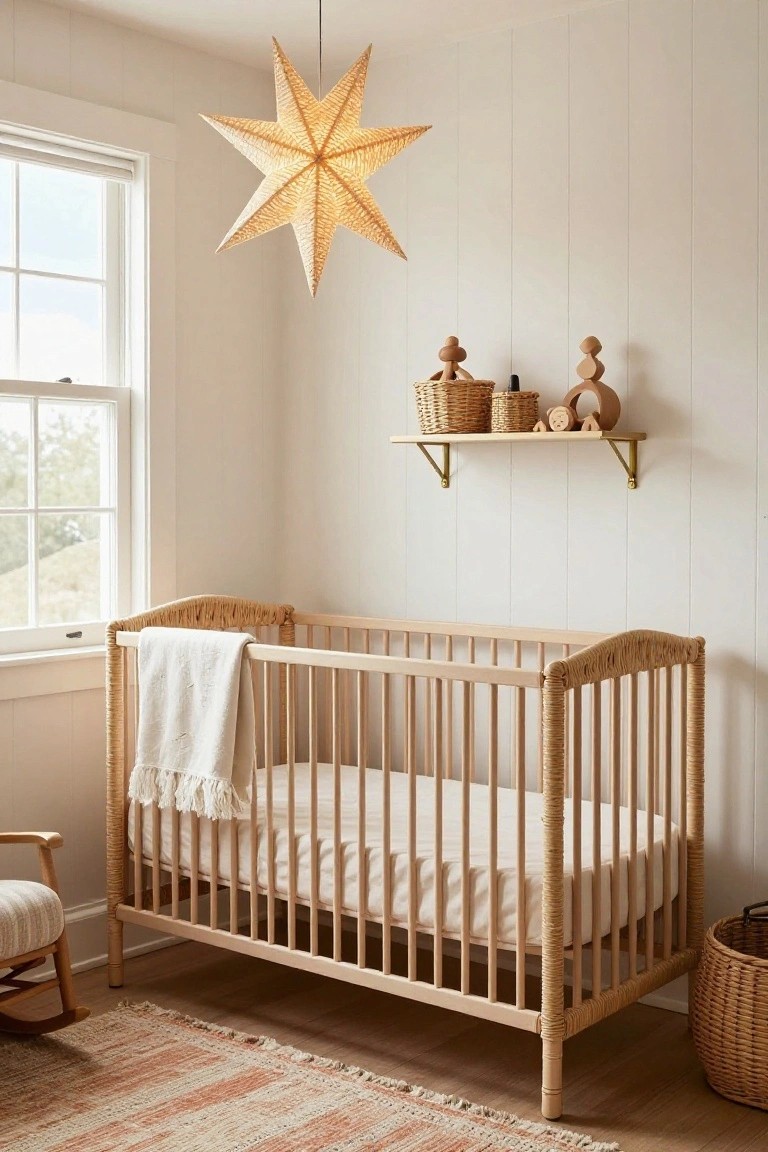 A nursery room with white shiplap walls, a wooden crib trimmed in rattan holding a white blanket, a rattan-trimmed rocking chair, wooden toys on a shelf, baskets, and a hanging star-shaped lantern.