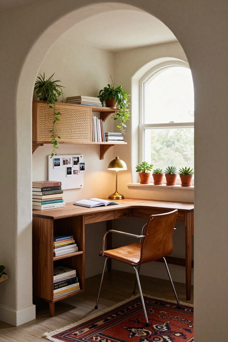 Wooden corner desk and leather chair in a curved white alcove with rattan shelves, books, plants, brass lamp, and potted succulents on a windowsill above a red rug.