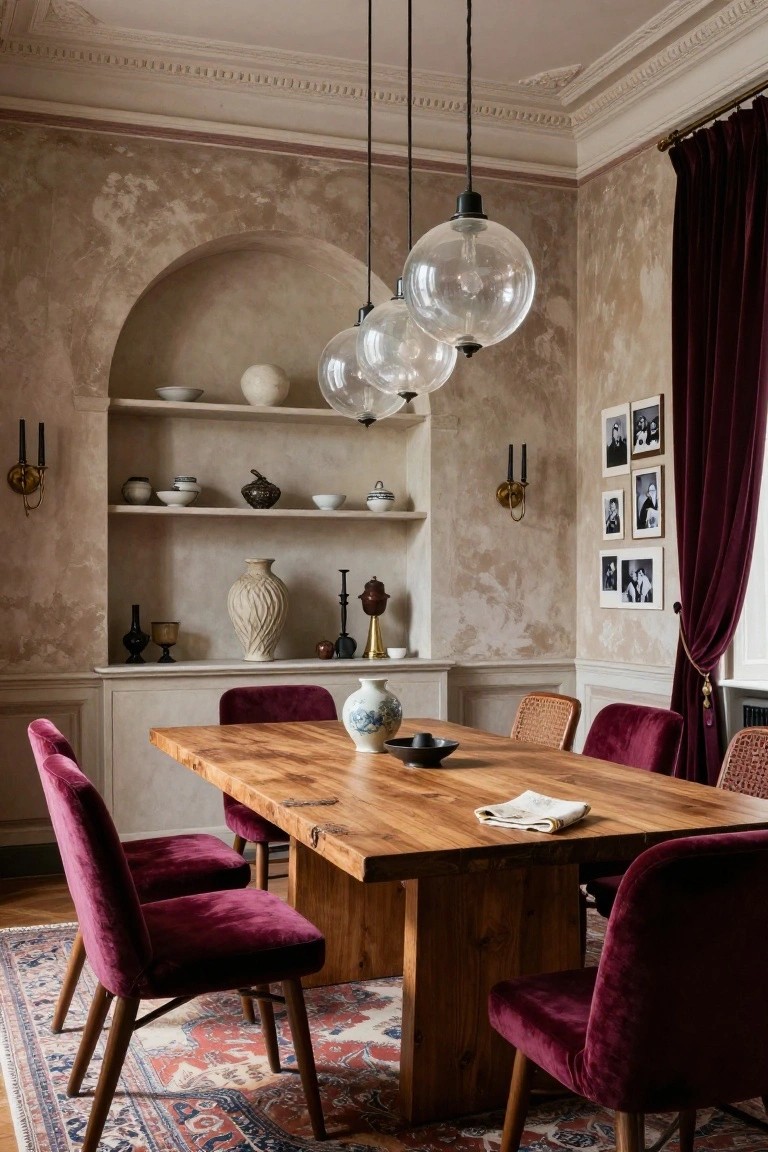 Dining room with large rectangular wooden table, magenta velvet chairs, arched wall niche shelving displaying ceramics and objects, textured plaster walls, maroon drapes, and three hanging glass globe pendant lights.