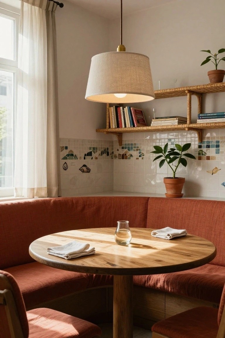 Cozy interior dining corner with red upholstered booth seating around a round wooden table, wooden shelves holding books and glassware, potted plants, colorful tiled backsplash, and window with sheer curtains.