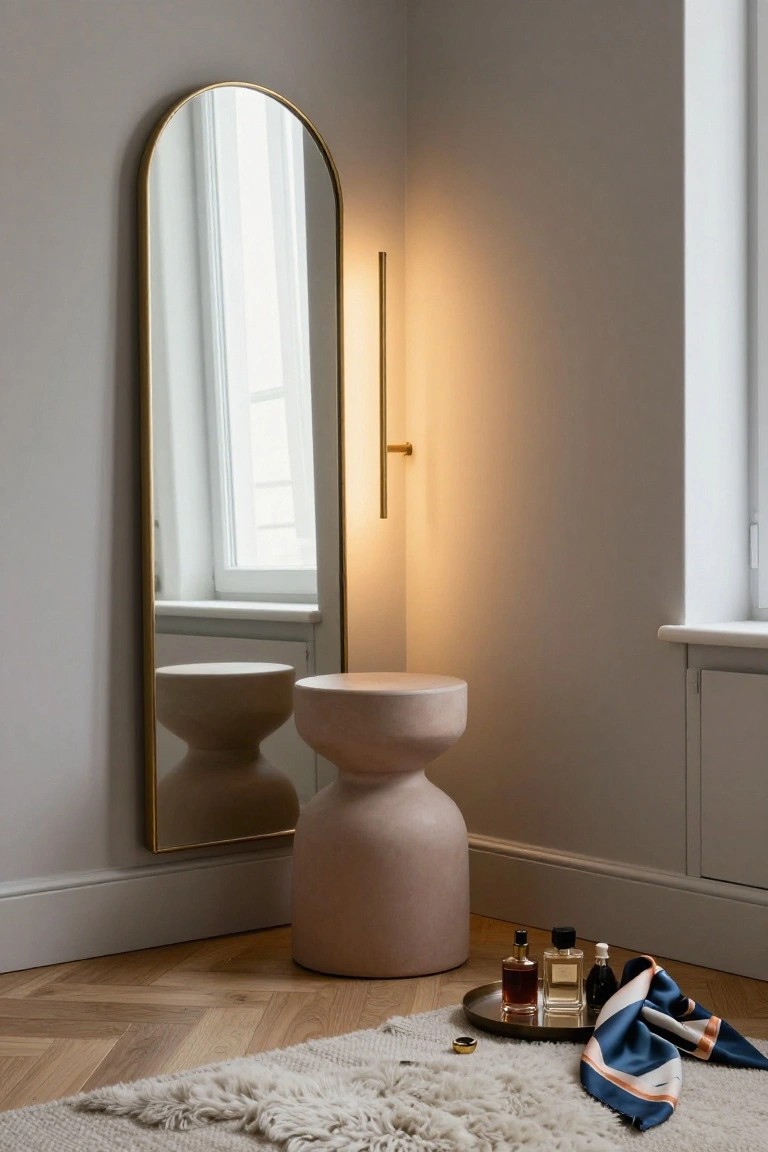 Tall arched gold-framed mirror in a light gray room corner beside a slim floor lamp, bulbous terracotta stool below, brass tray with perfume bottles scarf and ring on herringbone wood floor over fluffy white rug.