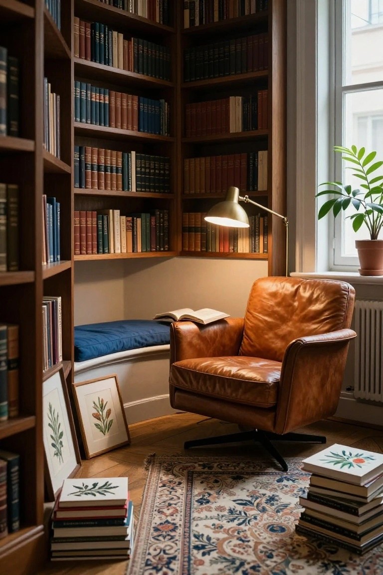 Corner library room with dark wood bookshelves filled with books, tan leather swivel armchair, blue cushioned window bench, brass arc lamp, potted plants, framed botanical prints, patterned rug, and stacks of books on the floor.
