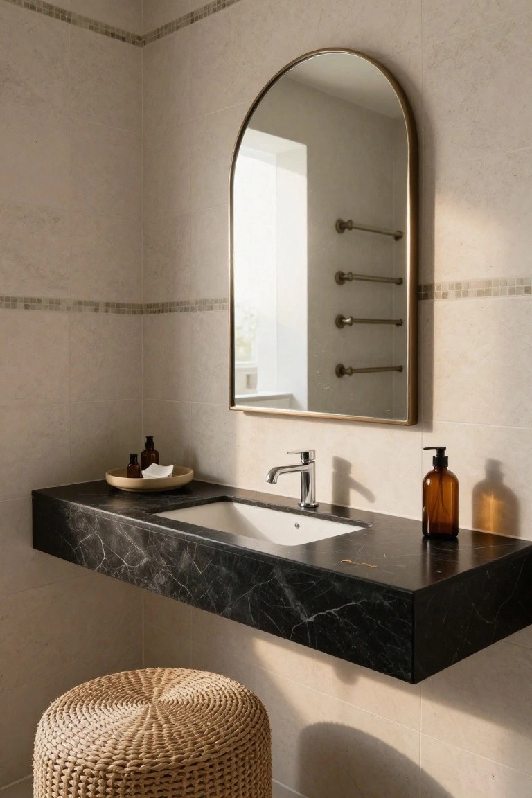 Bathroom with floating black marble vanity holding white sink and chrome faucet, arched brass mirror above, brass towel rails on light tiled walls, woven rattan pouf stool below, and small bottles on counter.