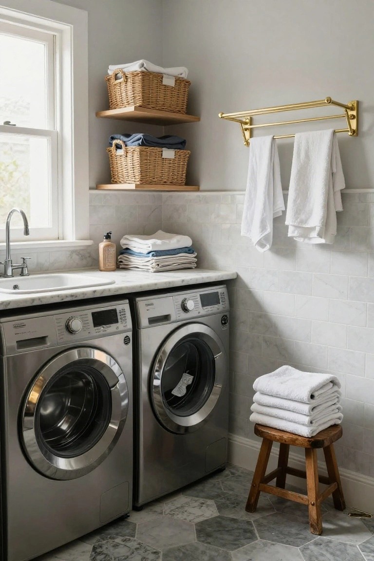 Laundry room featuring two front-loading stainless steel washers, marble sink countertop with stacked linens, floating wood shelves with wicker baskets of towels and sheets, brass towel rack with hanging towels, wooden stool, and gray hexagonal tile floor.