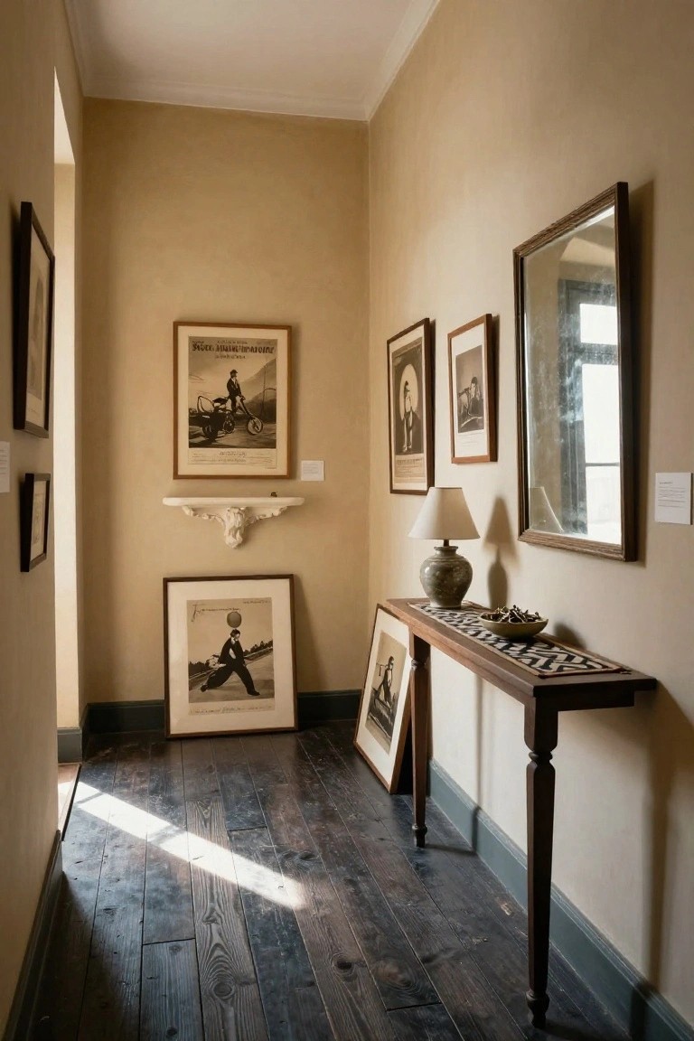Narrow beige-walled hallway with dark wood floors, multiple framed black-and-white vintage photographs and posters on walls, wooden console table topped with lamp, ceramic vase, runner, and bowl, plus a large mirror and carved shelf.