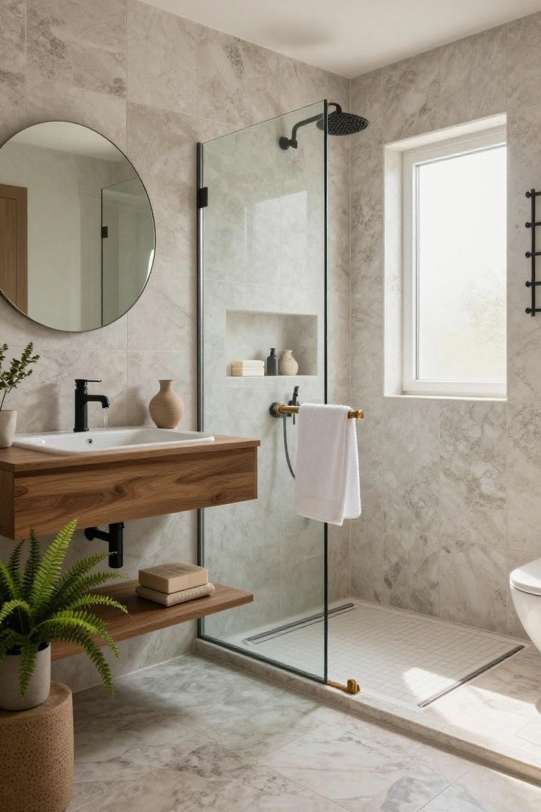 Modern bathroom with light gray veined marble-look tiles on walls and floor, floating wooden vanity with white sink and potted fern, round mirror, glass shower enclosure with niche shelf, towel rail, and white toilet.