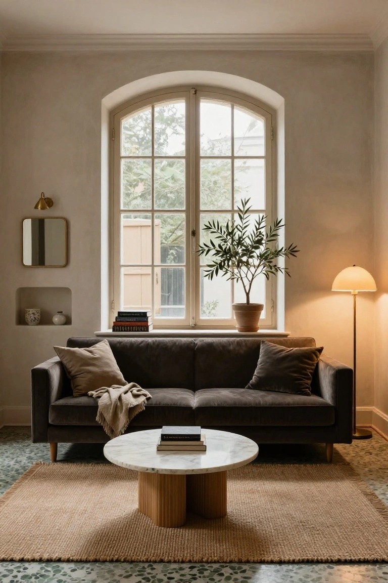 A living room featuring a dark gray velvet sofa with beige pillows and throw, a round white marble coffee table on a wood base, a tall potted olive tree next to an arched window overlooking greenery, a beige seagrass rug, and a curved lamp on a tiled floor.