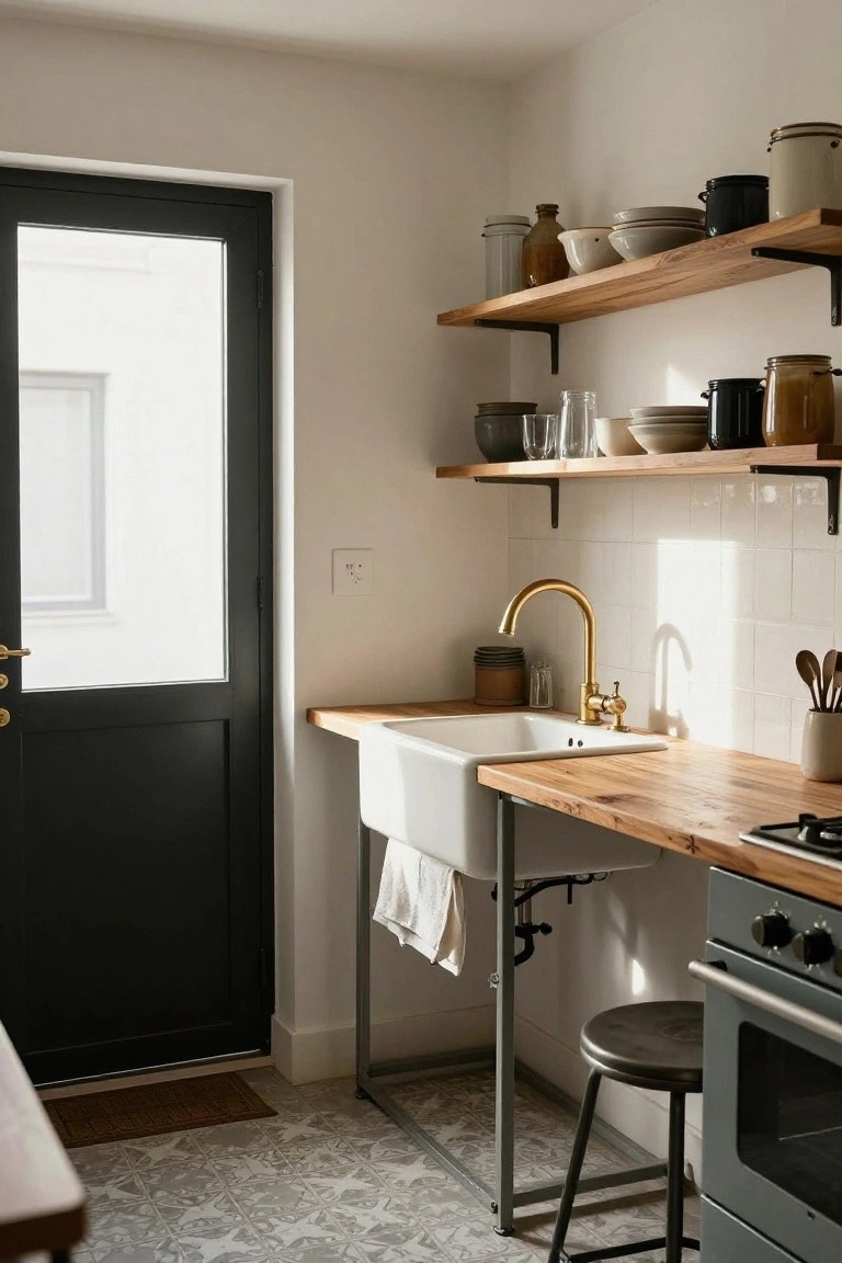 Small kitchen interior with open wooden shelves holding ceramic jars, bowls, and glasses above a wooden workbench sink unit with brass faucet, metal stool, green oven, and black door.