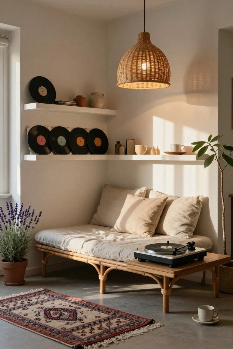 Indoor corner room with low rattan daybed, turntable on matching low table, white floating shelves holding vinyl records and ceramic pots, plants including lavender, woven pendant light, and patterned rug on concrete floor.