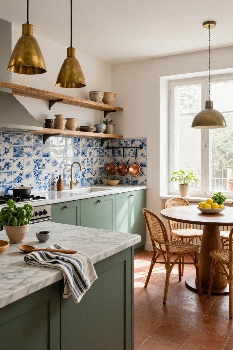 Kitchen with sage green cabinets, blue and white floral tile backsplash, brass pendant lights and faucet, marble island countertop, wooden shelves with pottery, and rattan chairs at a round wooden table on terracotta tile floor.