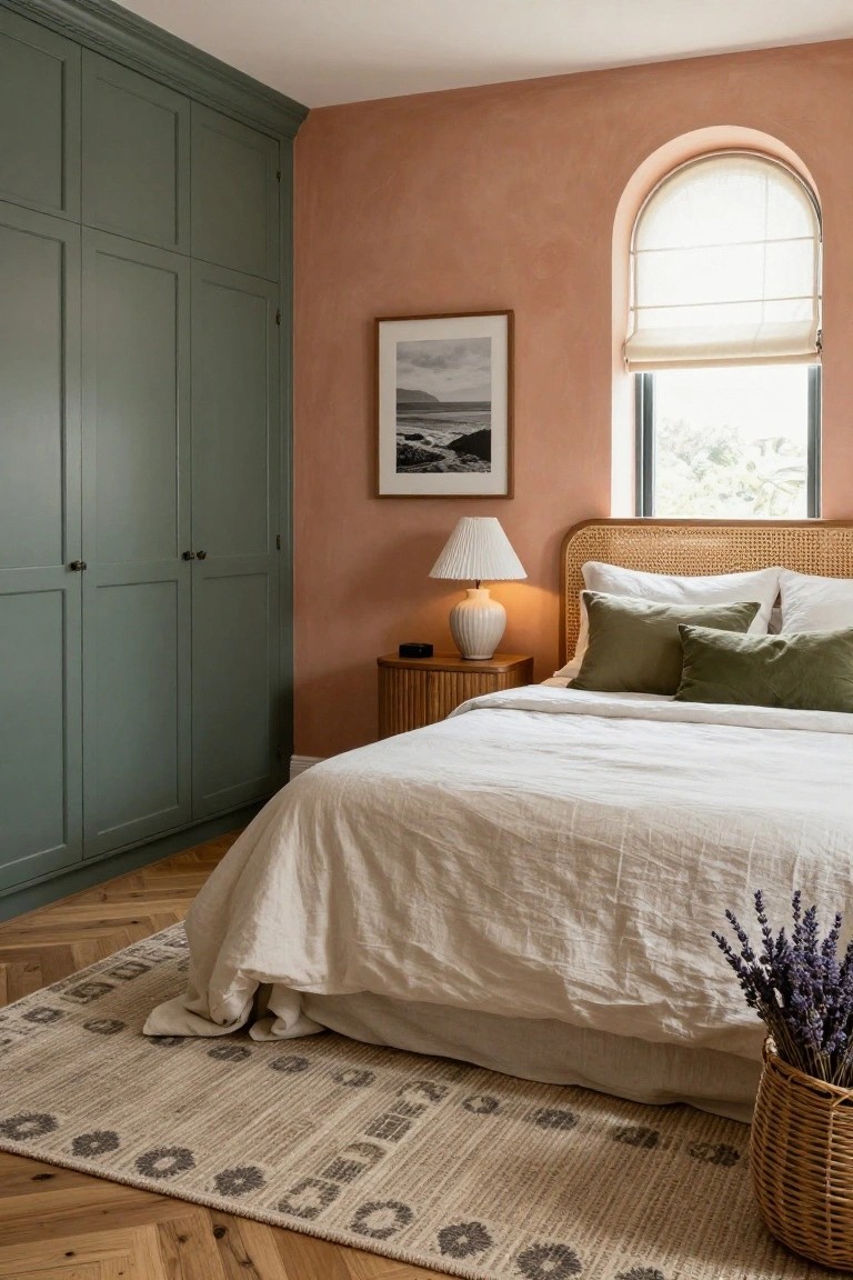 Bedroom with terracotta textured walls, tall sage green built-in wardrobes, white linen king bed with green and white pillows on rattan headboard, bedside table with lamp, arched window with linen blind, and woven rug on herringbone wood floor.