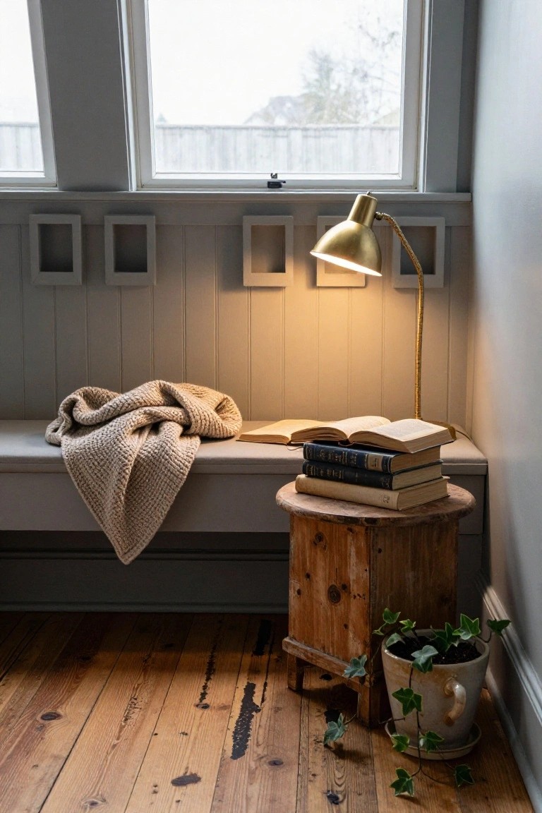 Cozy indoor window corner with gray bench draped in beige knit blanket and open books, gold brass floor lamp nearby, wooden stool holding potted ivy plant, paneled walls, and hardwood floors.