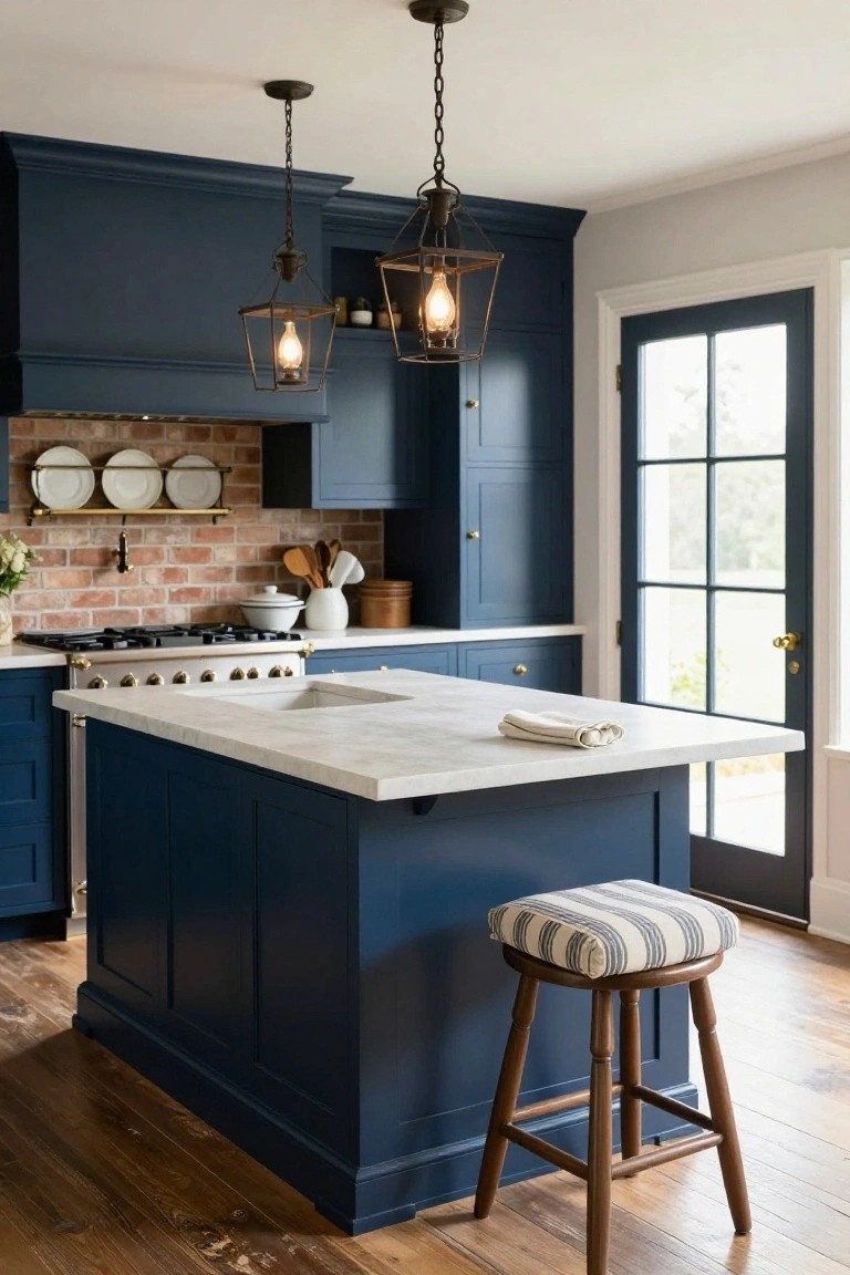 Colonial kitchen with navy blue cabinets, white marble island topped with a folded towel, brass lantern pendant lights hanging above, exposed brick backsplash, stainless range, wooden bar stool, and glass door to yard.