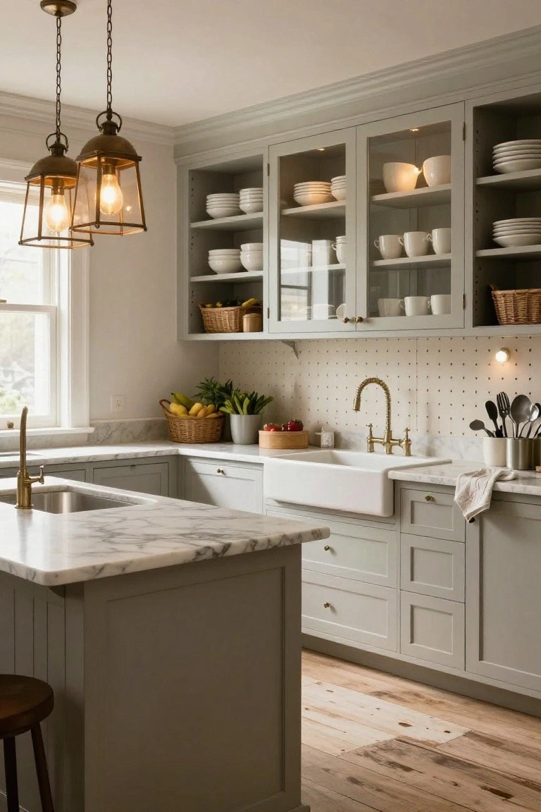 Kitchen with two brass lantern pendant lights hanging over a white marble island, gray shaker-style cabinets, white farmhouse sink, gold faucets, and hardwood floors.