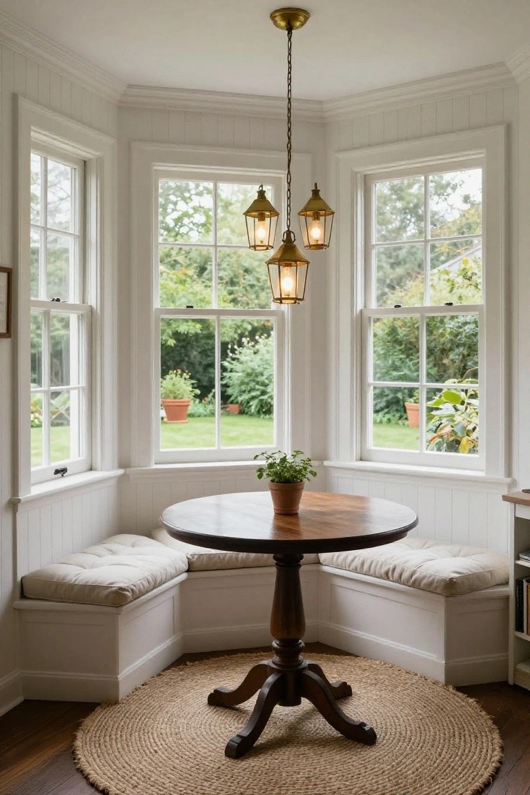 White paneled bay window nook with built-in cushioned benches around a round wooden table, terracotta pot with plant on table, three brass lantern pendant lights hanging above, garden visible through windows.