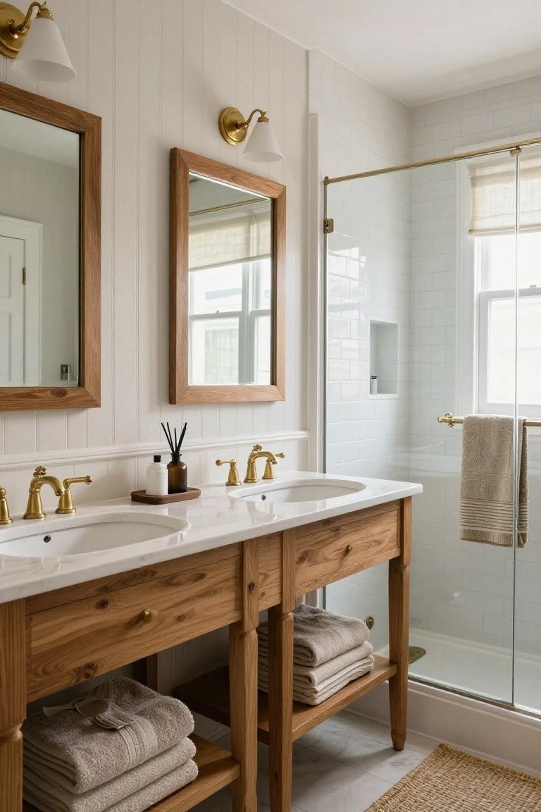 Bright bathroom interior with wooden double vanity, two white oval sinks, gold faucets, wooden-framed mirrors, matching brass sconces with white shades, glass shower enclosure with white subway tiles, and stacked beige towels on open shelves.