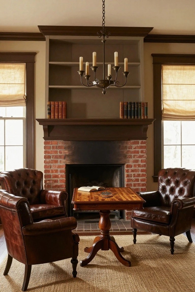 Colonial interior room with a hanging wrought-iron chandelier featuring multiple candle arms above a square wooden table and two brown leather armchairs in front of a brick fireplace, bookshelves to one side and windows with fabric shades to the other.