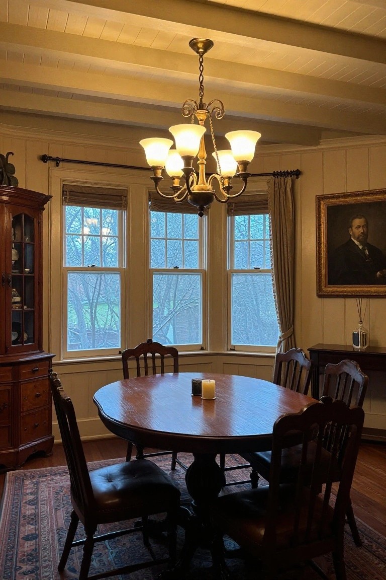 Colonial dining room with round wooden table, leather chairs, brass five-light chandelier overhead, wooden armoire, large triple windows with blinds, portrait painting, and beige walls.
