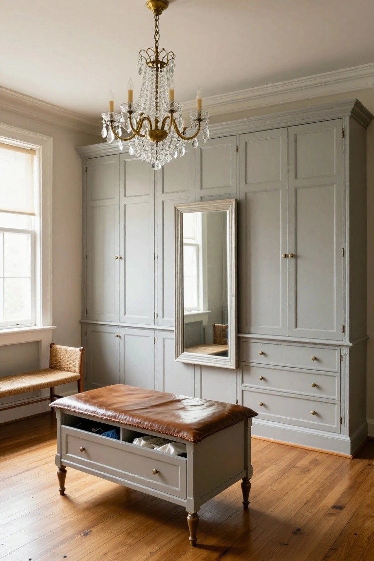 Tall gray built-in wardrobes with doors and drawers in a room with crystal chandelier overhead, full-length mirror integrated into the cabinetry, wicker chair, leather-topped bench, and hardwood floors.