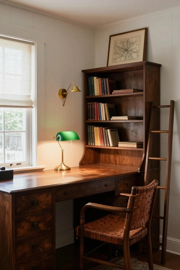 Wooden desk with green banker's lamp in a study room with tall bookshelves, sliding ladder, leather chair, wall sconce, and window with sheer shade.