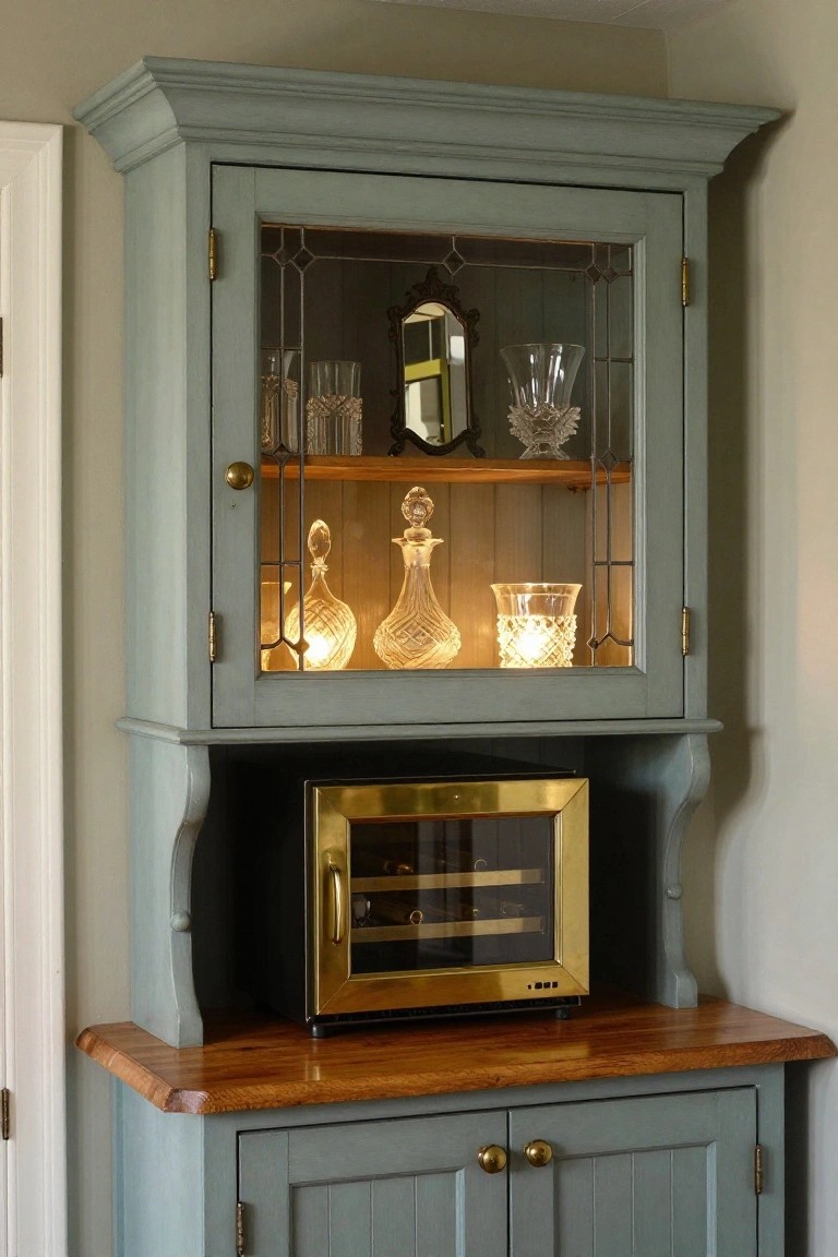Teal-painted corner cabinet with glass-front upper doors displaying lit crystal glassware, decanters, and a small mirror on wooden shelves, gold wine cooler mounted above wooden countertop base next to a white door.