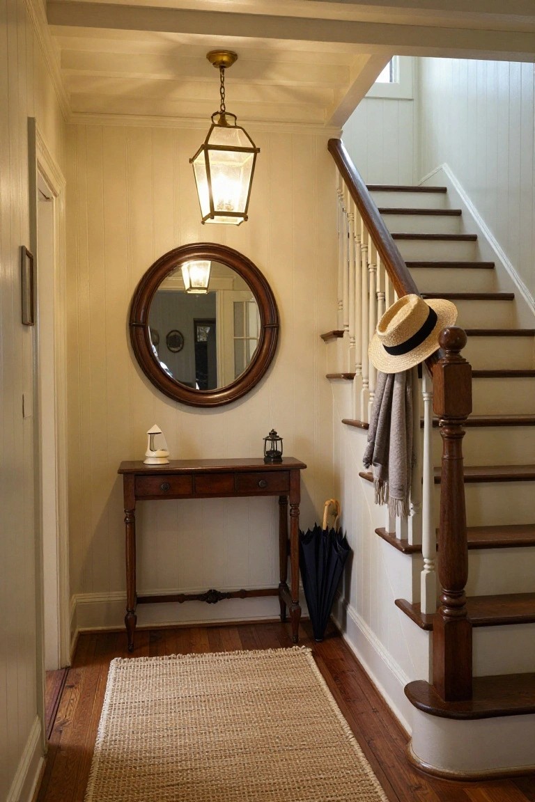 Colonial-style interior entryway hallway with white beadboard walls, wooden staircase, brass lantern pendant light overhead, round wood mirror, wooden console table holding small lanterns and decorative items, black umbrella, seagrass rug on hardwood floors.
