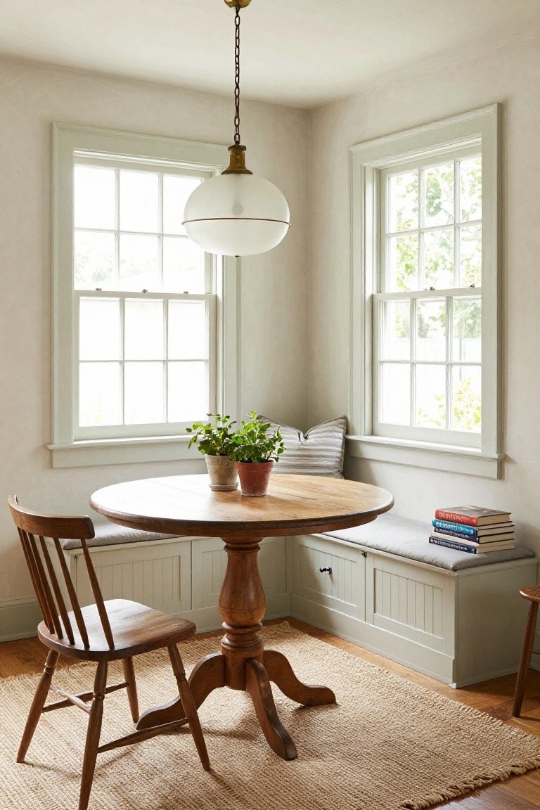 White globe pendant light hanging over round wooden pedestal table with wooden chair and built-in cushioned bench in sunny corner room with large multipane windows, plants, books, neutral walls, and seagrass rug.