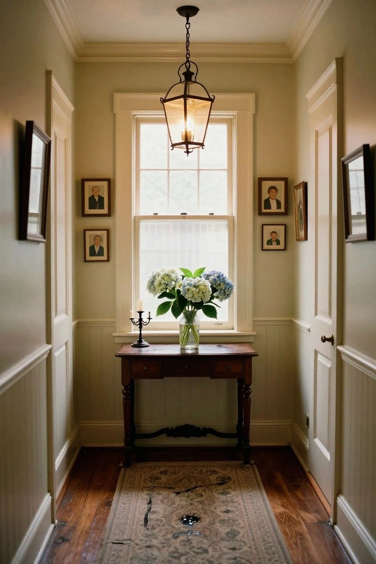 A hallway with wooden table, blue hydrangeas, and framed portraits by a window.