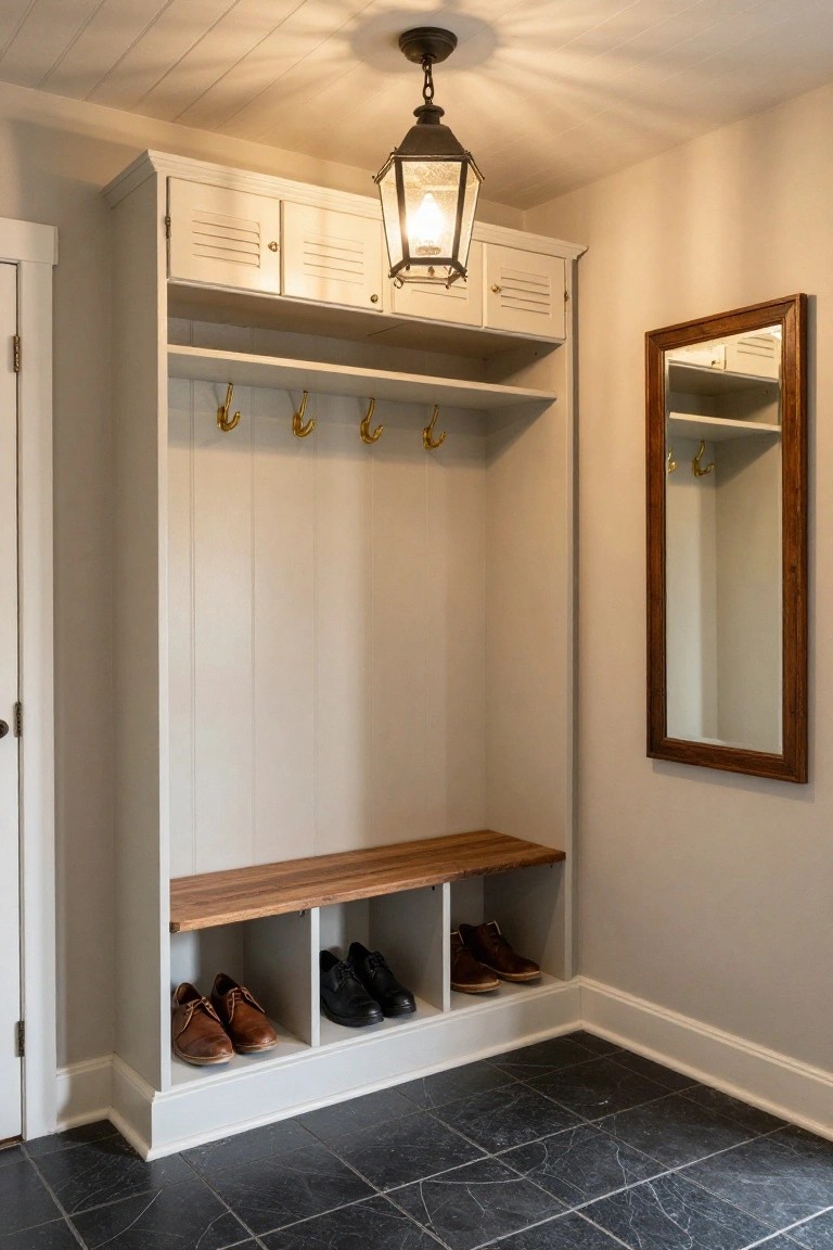 White wooden mudroom cabinetry with upper louvered doors, brass coat hooks, wooden bench seat, open cubbies holding brown and black leather shoes, adjacent wood-framed full-length mirror, black slate tile floor, and black metal lantern pendant light hanging from beamed ceiling.