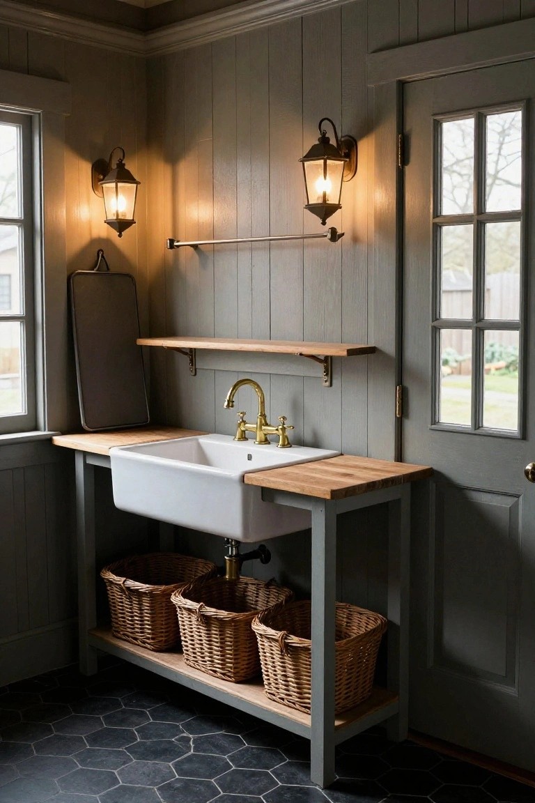 Corner interior of a gray shiplap-walled utility room with wooden farmhouse sink on butcher block countertop, wicker baskets for storage below, black hexagonal floor tiles, brass faucet, wall shelf, towel bar, and two lit lantern-style wall sconces.