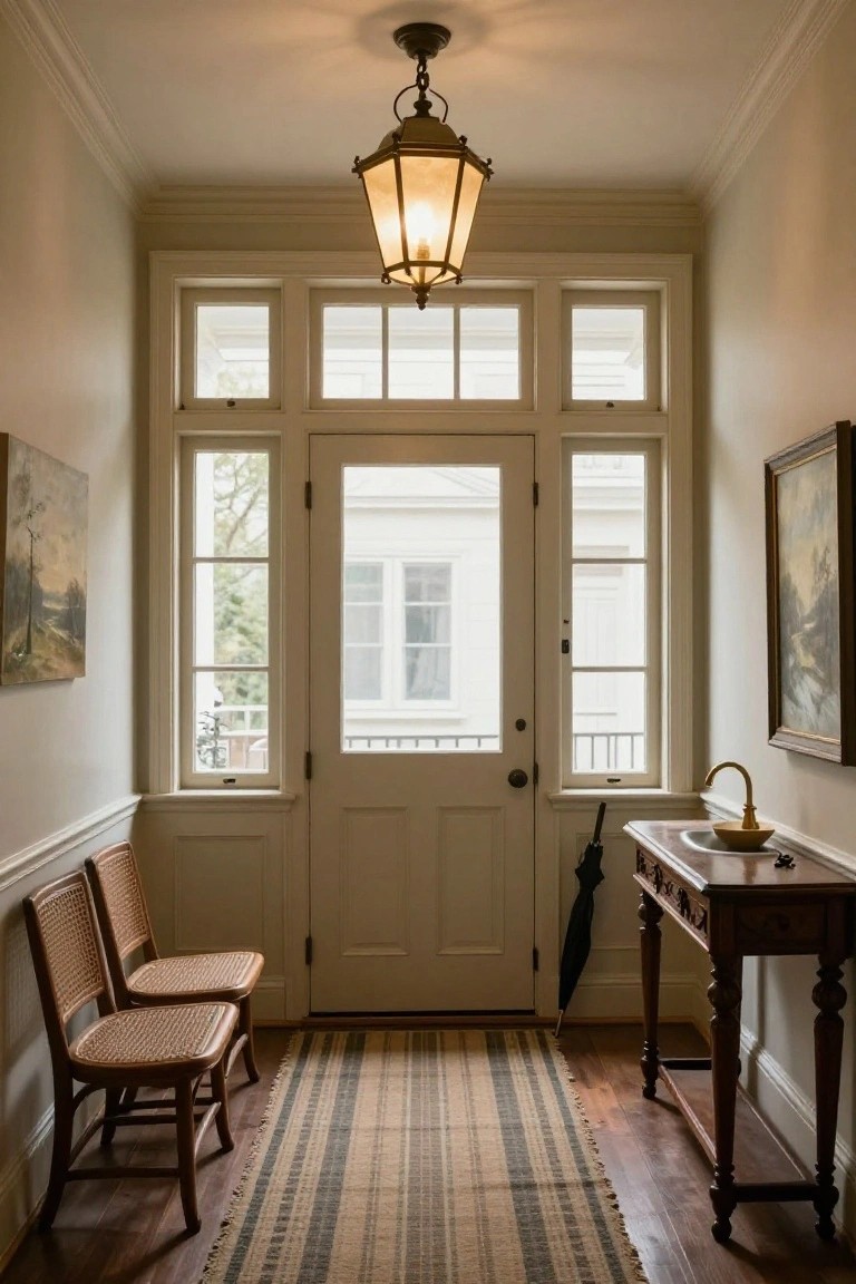 Narrow interior hallway with white paneled walls, a central glass-paneled door flanked by triple windows, hanging brass lantern fixture overhead, two wicker chairs, wooden console table with brass sink and umbrella, striped runner rug on hardwood floors.