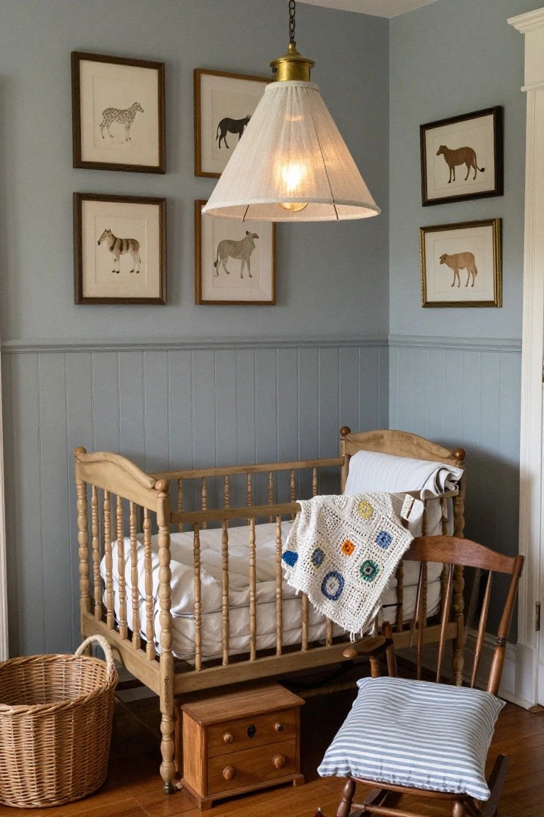 Nursery corner with wooden spindle crib, white bedding, colorful crochet blanket draped over, wooden rocking chair with striped cushion, wicker basket on floor, small wooden dresser, hanging white fabric-shaded pendant lamp, and four framed black line drawings of horses on light blue paneled walls.