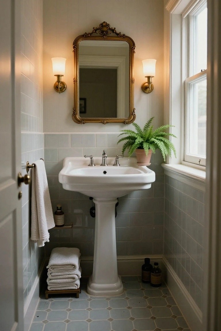 Small bathroom with white pedestal sink, ornate gold-framed mirror flanked by matching brass wall sconces with white shades, light blue subway tiles on walls and floor, folded towels, potted fern, and window.