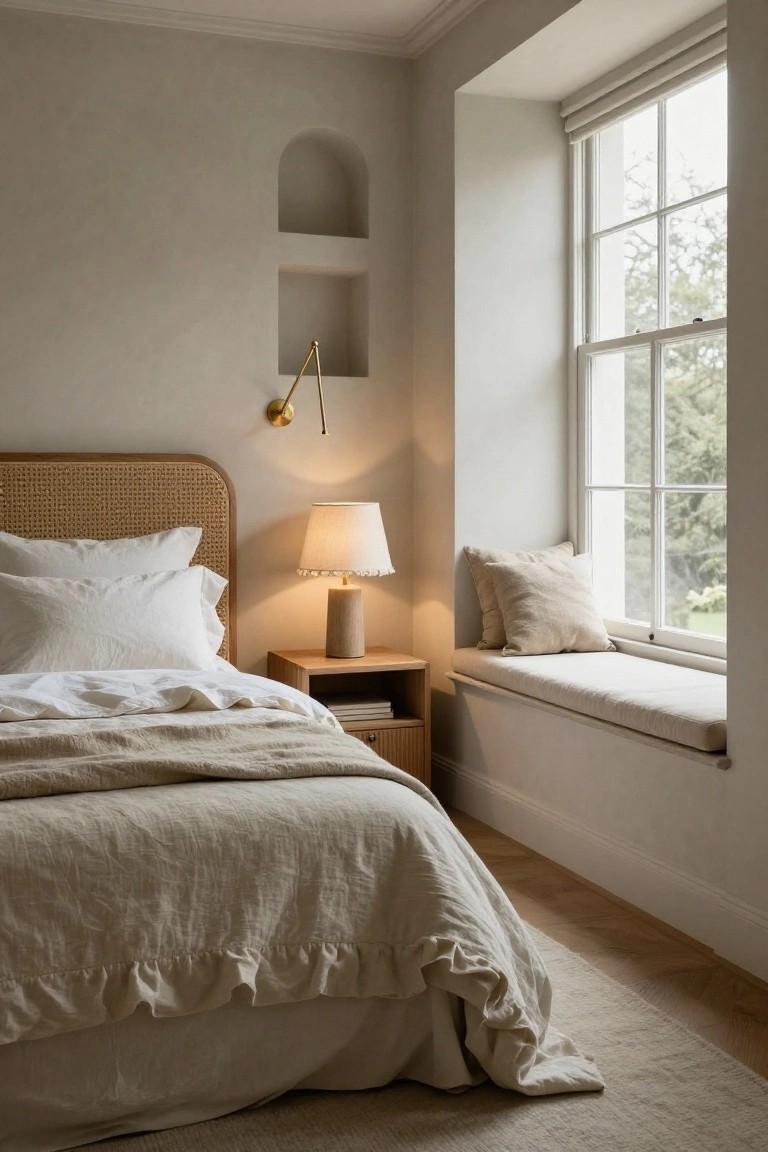 Neutral bedroom corner with rattan headboard bed draped in white and beige linens, wooden nightstand holding a ceramic lamp, built-in window seat with beige cushions and pillows, arched wall niches, and large multi-pane window overlooking trees and garden.