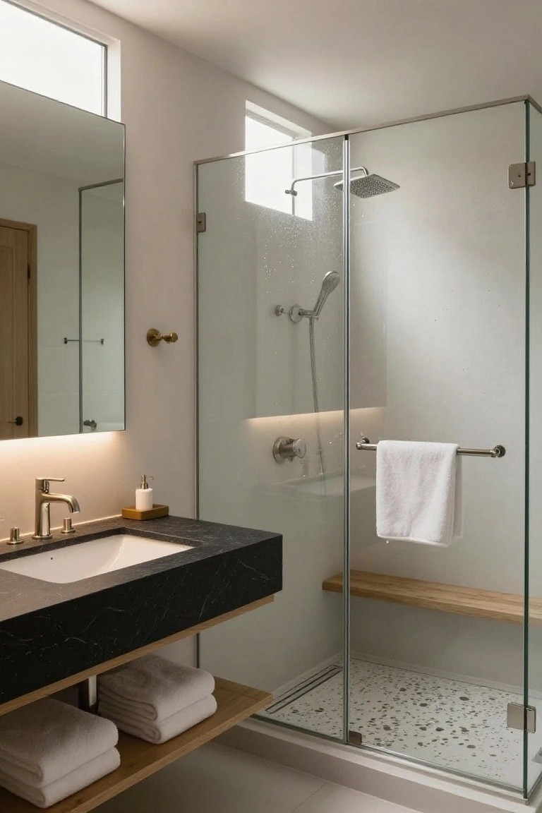 Modern bathroom interior with floating black marble vanity, underlit mirror, glass shower enclosure containing rain showerhead and wooden bench, white pebble tile floor, brass fixtures, and folded white towels on wooden shelves.