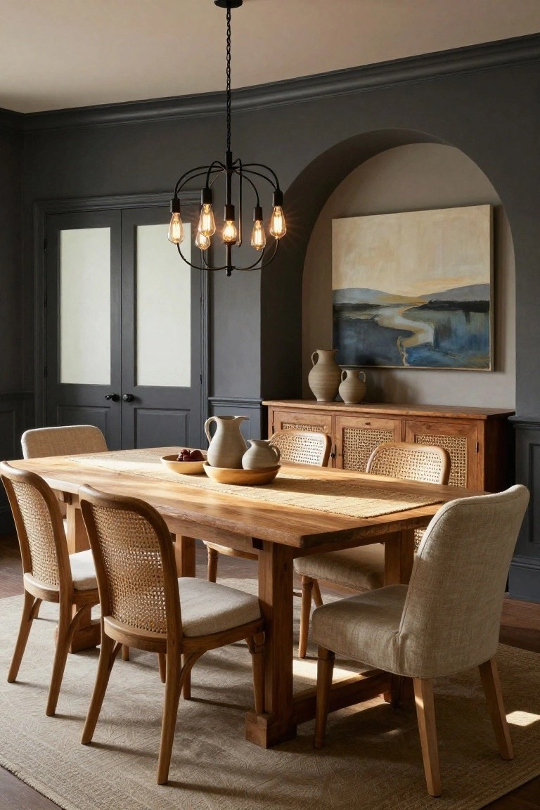 Dining room with rectangular wooden table surrounded by rattan-backed chairs and cream-upholstered chairs, black metal chandelier overhead, wooden credenza holding terracotta vases, and abstract landscape painting in arched niche on dark gray walls.