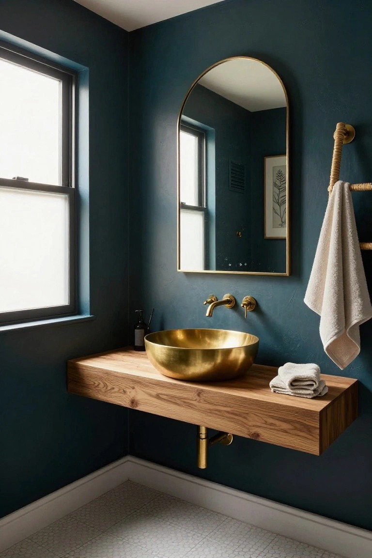 Corner bathroom featuring dark teal walls, arched gold mirror, floating wooden vanity with brass vessel sink and gold faucet, white towels on rope holder, and frosted window.