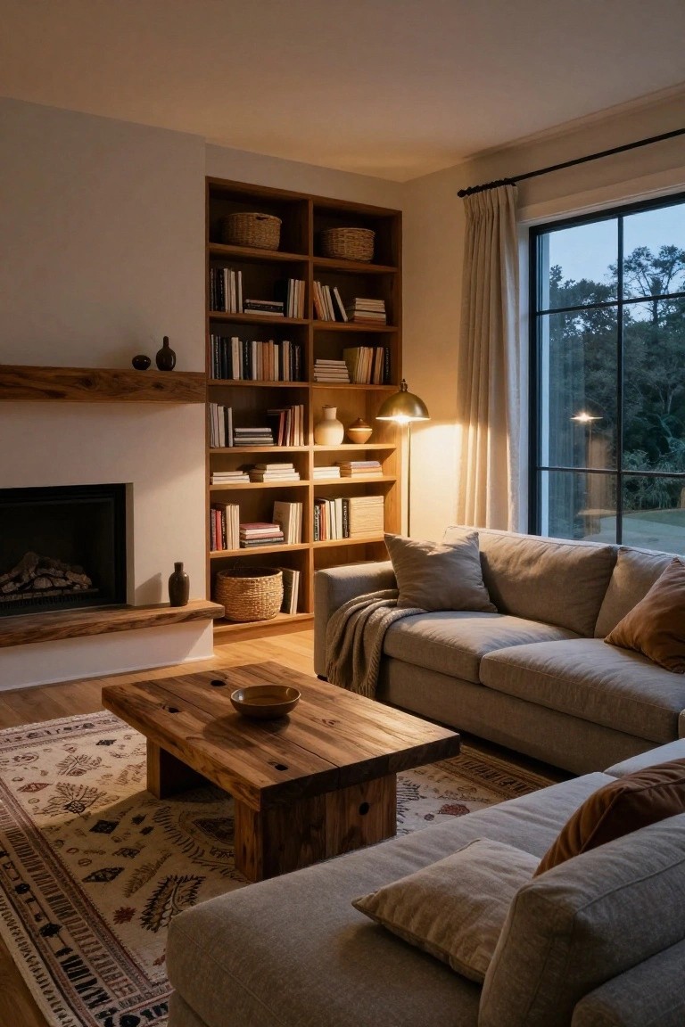 A warmly lit living room with tall wooden built-in bookshelves flanking a fireplace, neutral fabric sofa with pillows and throw, wooden coffee table on a patterned rug, brass lamp, and large window showing trees outside at dusk.