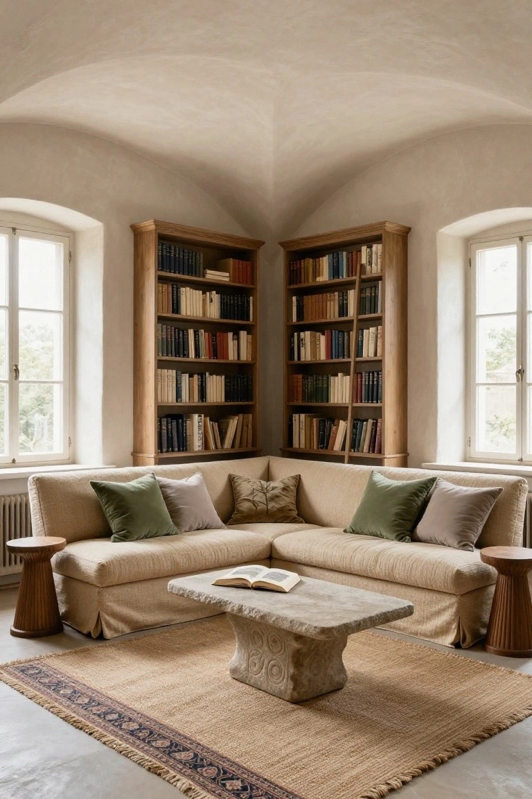 Corner of a light-walled library room with vaulted ceiling featuring tall wooden bookshelves on two walls flanking a beige linen L-shaped sofa with green and gray pillows, a carved stone coffee table holding an open book, woven rug, and arched windows.