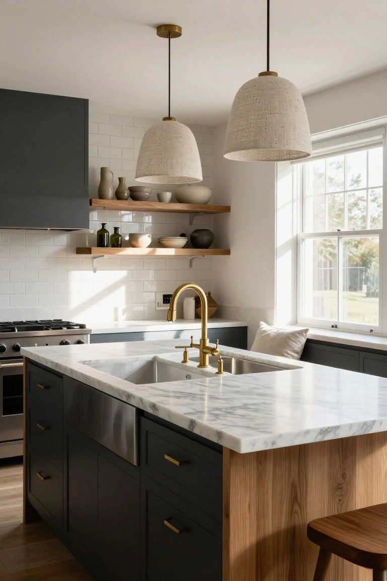 Kitchen interior with navy cabinets, white marble countertop on island sink, gold faucet, subway tile backsplash, beige rattan pendant lights, wood stool, and open shelving with pottery.