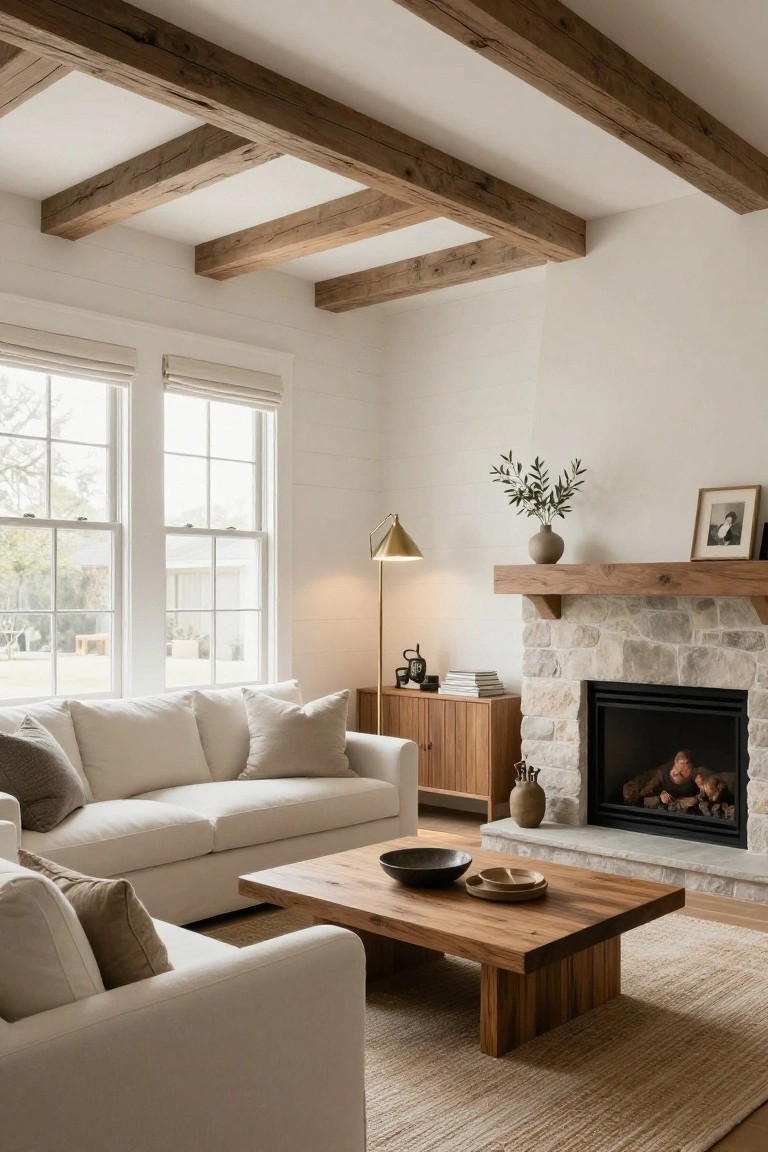 A cozy living room featuring exposed dark wooden beams on a white ceiling, white linen sofas, a stone fireplace with gas logs burning, wooden coffee table, and large windows with shades.
