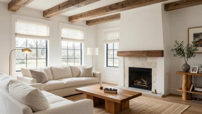 21 Gorgeous Luxury Modern Farmhouse Interior Design Ideas for Elegant Homes A cozy living room featuring exposed dark wooden beams on a white ceiling, white linen sofas, a stone fireplace with gas logs burning, wooden coffee table, and large windows with shades.