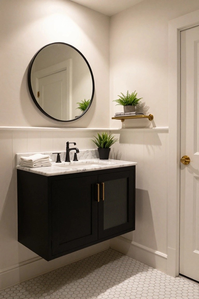 A bathroom with a suspended black louvered-door vanity topped by white marble sink and matte black faucet, round black mirror, potted ferns, white towels, gold shelf with books and towels, white wainscoting, and white hexagon tile floor.
