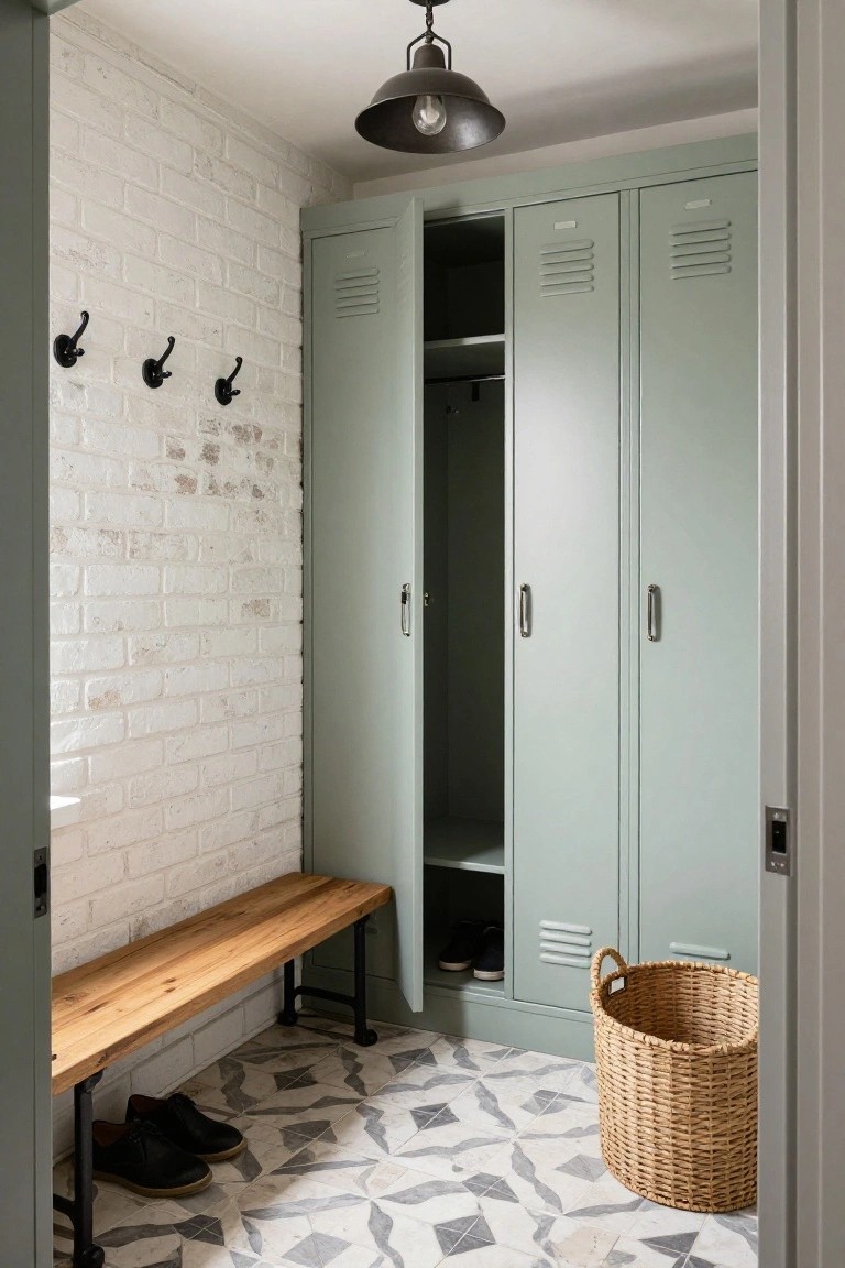 Mudroom with open sage green metal lockers containing shoes, wooden bench on black metal legs, black hooks on white brick wall, black shoes on patterned gray tile floor, and wicker basket nearby.