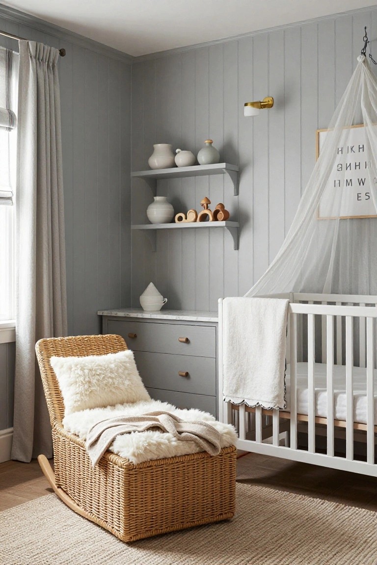 Gray shiplap paneled walls in a nursery with a white crib draped in white fabric and canopy, wooden shelves holding white ceramics and wooden toys, a rattan rocking chair with white and beige cushions and throws, a small dresser, and neutral rug on wood floors.