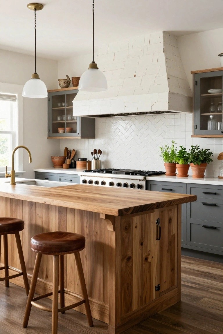 Modern farmhouse kitchen with a large wooden island topped by leather bar stools, white subway tile backsplash, gray cabinets, brass faucet, and white range under a tiled hood.